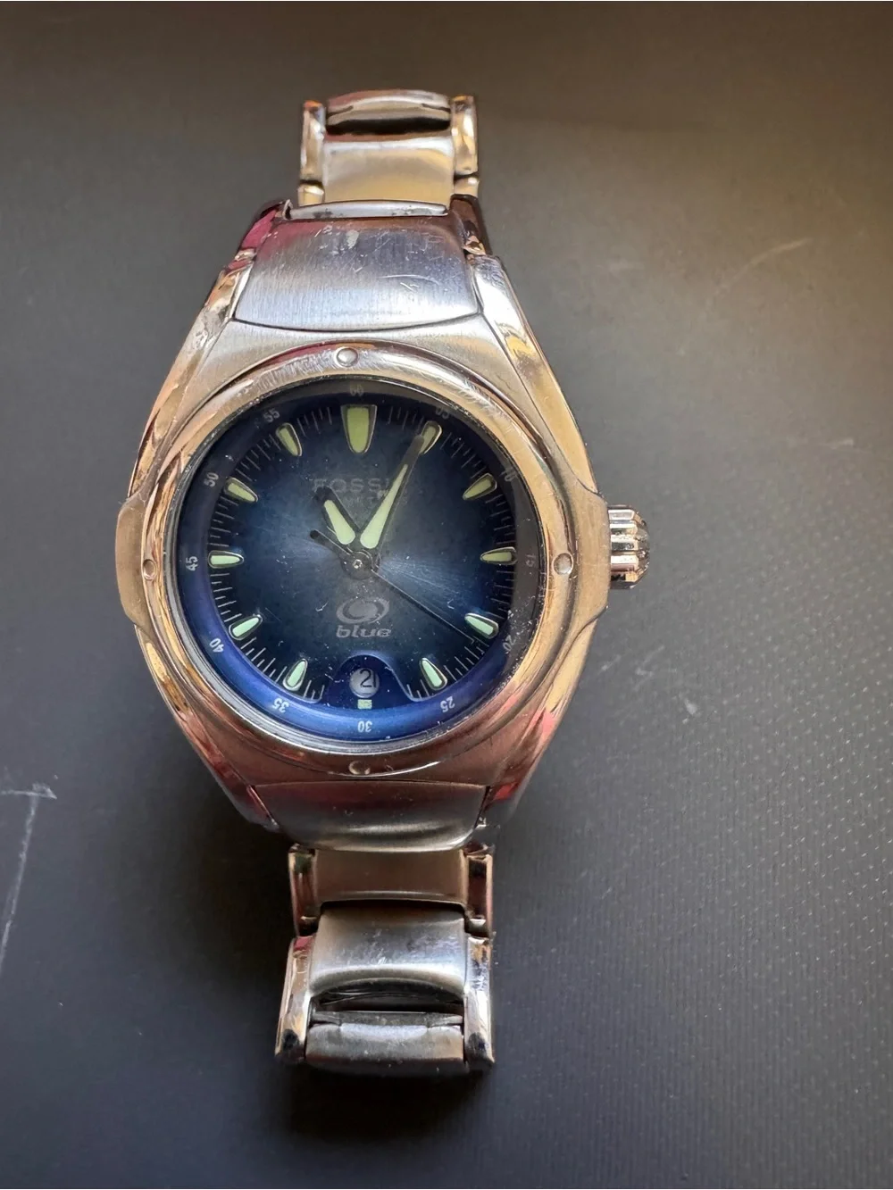 Fossil Silver Stainless Steel Watch with Blue Dial (NEEDS A NEE BATTERY)